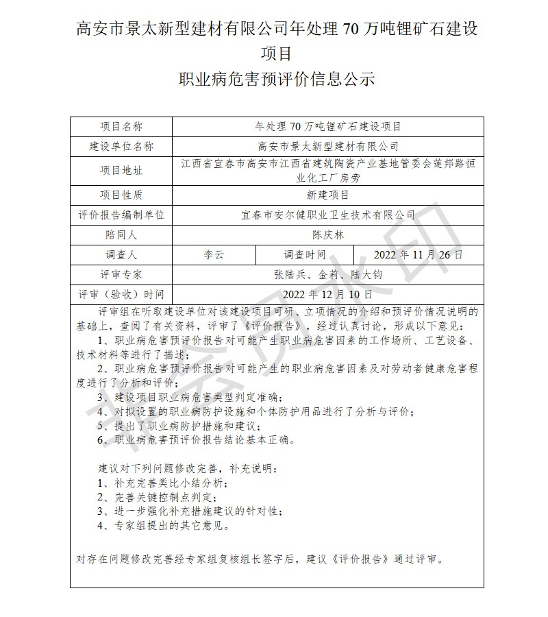 1672042942335479.jpg 高安市景太新型建材有限公司年處理70萬噸鋰礦石建設(shè)項(xiàng)目職業(yè)病危害預(yù)評(píng)價(jià)信息公示.jpg