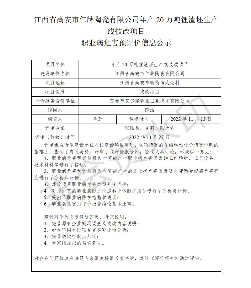 1672043059436794.jpg 江西省高安市仁牌陶瓷有限公司年產(chǎn)20萬噸鋰渣坯生產(chǎn)線技改項目職業(yè)病危害預(yù)評價信息公示.jpg