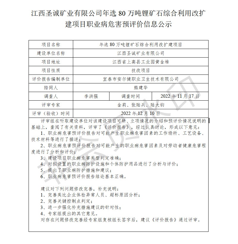 1672043133550120.jpg 江西圣誠礦業(yè)有限公司-年選80萬噸鋰礦石綜合利用改擴建項目---職業(yè)病危害預(yù)評價信息公示.jpg