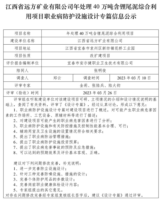 1679975637543719.jpg 江西省遠(yuǎn)方礦業(yè)有限公司年處理40萬噸含鋰尾泥綜合利用項(xiàng)目職業(yè)病防護(hù)設(shè)施設(shè)計(jì)專篇信息公示.jpg